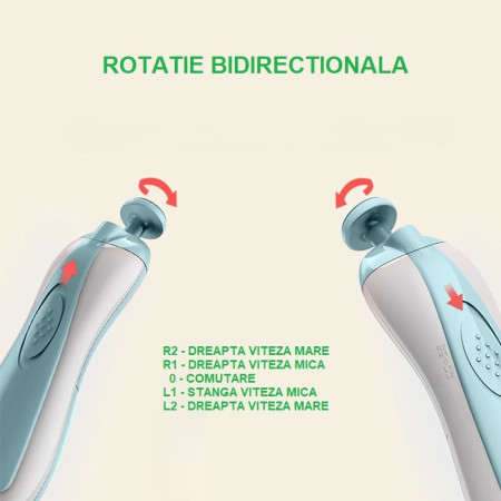 Pila Electrica Unghii pentru Bebelusi, Cyrax, 6 Piese, 15 x 4.5 x 3 cm, Silentios, 0-3 Ani, 4 Trepte de Viteza, Albastru