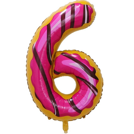 Balon din Folie Metalizata Cyrax, Figurina Cifra, Imprimeu Gogosi, Tema Aniversare 100 cm, Ambalaj Individual, Pai inclus, Umflare cu Aer sau Heliu, Multicolor, Cifra 6