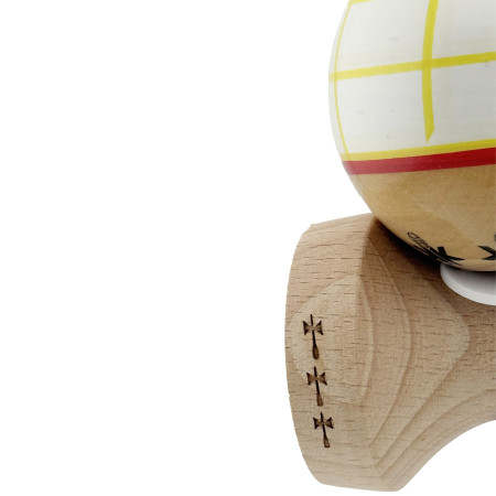 Kendama X Originala, Profesionala, Cyrax, Legendary Glob, Cupe Mari KING SIZE V3, Super Sticky, Gaura in Baza, Rulment Metalic, din lemn 18 cm, Ata 55 cm, Alb/Galben/Rosu