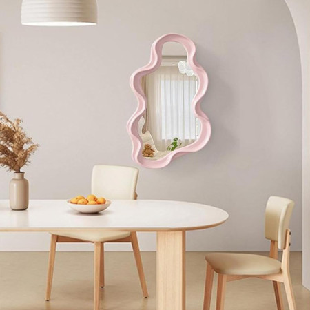Oglinda de Perete,  Decorativa, pentru Baie, Dormitor, Sufragerie, Model Minimalist in Forma de Nor, 41x26 cm, Roz