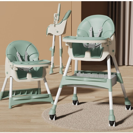 Scaun de masa pentru bebelusi si copii Cyrax, cu roti, telescopic, pliabil, masuta reglabila, suport picioare, scaun invelis piele artificiala, centura siguranta, spatiu depozitare, 97 x 73 x 65 cm, verde