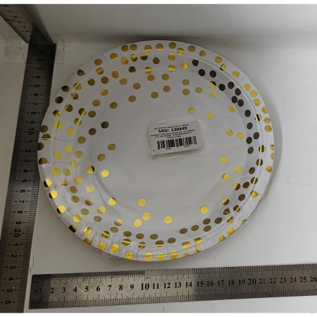 Set 10 Farfurii Unica Folosinta, Cyrax, Imprimeu cu Buline, din Carton, Diametru 23 cm, Alb/Auriu