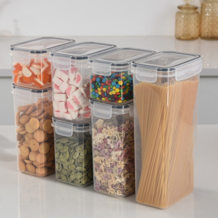 Cutii de depozitare alimente, Cyrax, Set din 7 Cutii pentru Condimente, Cereale, Cutii pentru Bucatarie, din Plastic PP, Cutii Alimentare, Diferite Dimensiuni, Transparente