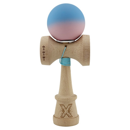 Kendama X Originala, Profesionala, Cyrax, Rubber Grip, Cupe Mari KING SIZE V3, Gaura in Baza, Rulment Metalic, din lemn 18 cm, Ata 62/65 cm, Gradient Albastru/Roz