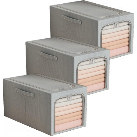 Cutie de Depozitare,  49L, din In si Bumbac, Pliabila, Cadru din Otel, 47 x 35 x 30 cm, Albastru Fumuriu