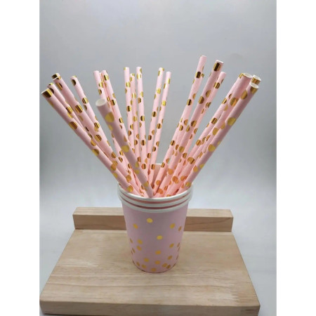 Set 10 Paie, Cyrax, din Hartie, 19.5 cm, Model cu Buline Aurii, Roz