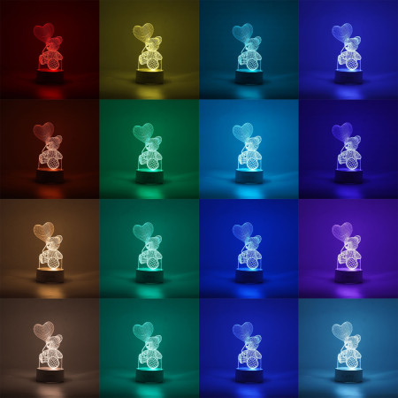 Lampa LED decorativa,  3D, Ursulet cu balon inima, cu telecomanda, doua moduri de alimentare USB si baterii, 20 cm inaltime, din material acril si lumina multicolora, alb