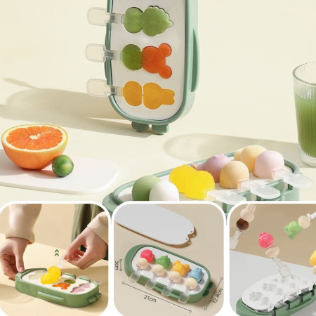 Forma pentru inghetata Cyrax, 4 compartimente, forme cu animalute, materialsilicon si ABS, 21 x 12.8 x 3cm, verde