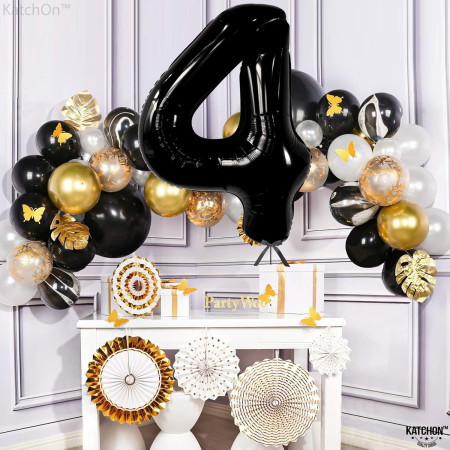 Balon din Folie Metalizata, Cyrax, Figurina Cifra, Tema Aniversare 100 cm, Ambalaj Individual, Pai inclus, Umflare cu Aer sau Heliu, Negru, Cifra 4