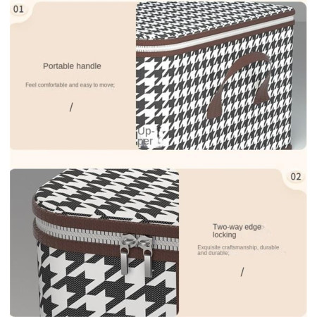 Cutie de Depozitare Pliabila,  55x35x25 cm, 50 L, Fereastra Frontala, cu Fermoar Bidirectional, Suport Baza Stabil, Imprimeu in Carouri, Alb/Negru