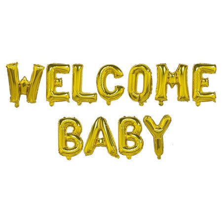 Set Baloane din Folie Metalizata, Cyrax, Model Welcome Baby, Litere de 40 cm, Baloane Party, Ambalaj Individual, Pai, Ata si Adeziv Incluse, Umflare cu Aer sau Heliu, Auriu