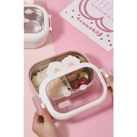 Cutie pentru Pranz sau Gustari, Cyrax, cu Doua Compartimente, Model Iepuras, pentru Copii si Adulti, Etansare, PP, Perfect pentru Scoala si Birou, 1000 mL, 22x17.8x8 cm, Roz