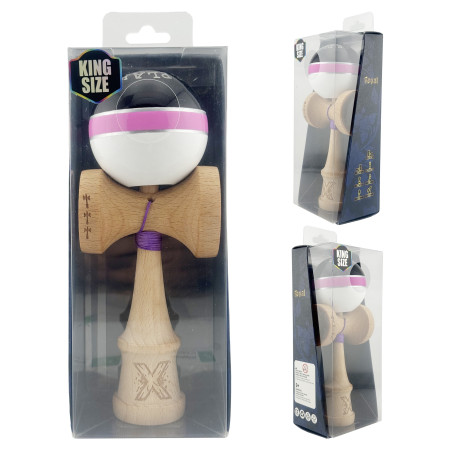Kendama X ROYAL SPIKE Originala, Profesionala, Cyrax, Big Cups V2, Super Sticky cu Cupe Mari, Rulment Metalic, din lemn 18 cm, Ata 55 cm, Negru/Roz Silver/Alb