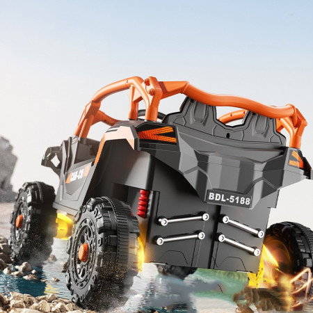 Masina Electrica pentru Copii, Cyrax, Tip Buggy/UTV Off-Road Dual Drive, Conectare Bluetooth, Telecomanda, Lumina Intermitenta si Muzica, Baterie 380*2, 6V 7Ah, 97 x 62 x 58 cm, Portocaliu Negru