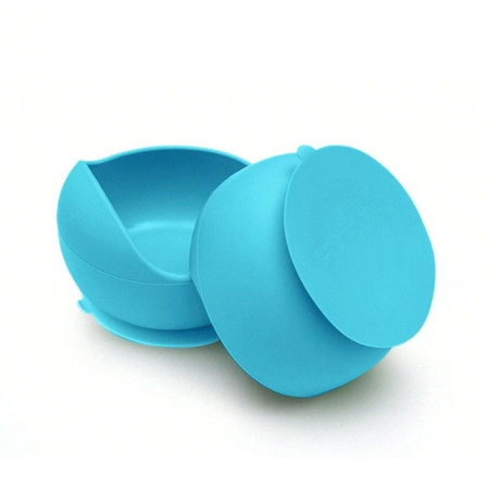 Set 10 Piese Servire Masa. Cyrax, pentru Bebelusi si Copii, din Silicon/Lemn, cu Ventuze Anti-alunecare, fara Alergeni. +6 Luni, Model Elefant, Albastru