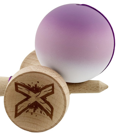 Kendama X Originala, Profesionala, Cyrax, Cupe Mari KING SIZE V3, Rubber Grip, Gaura in Baza, Rulment Metalic, din lemn 18 cm, Ata 62/65 cm, Gradient Mov/Alb