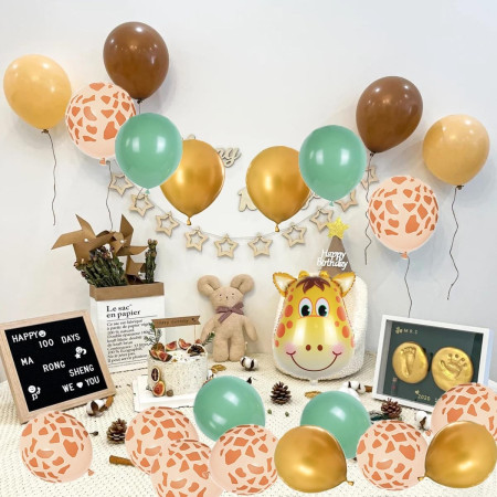 Set 30 Baloane Folie si Latex, Cyrax, Tematica Prima Aniversare, Baloane Latex 30cm, 25cm, Figurina Girafa 32x34 cm, Frunza Palmier 15 cm, Cifra 1 76 cm, Multicolor