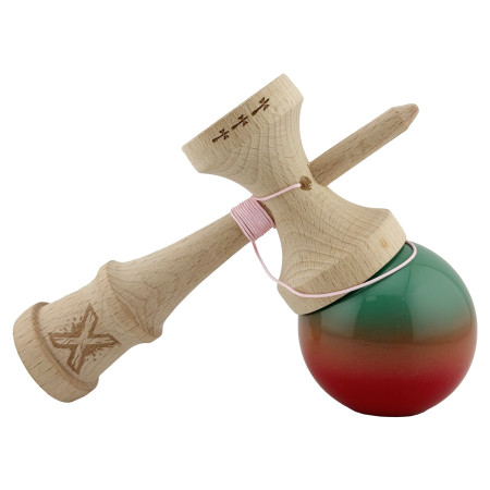 Kendama X Originala, Profesionala, Cyrax, Big Cups V2, Super Sticky Cupe Mari, Rulment Metalic cu Ata 55 cm, Rosu/Verde