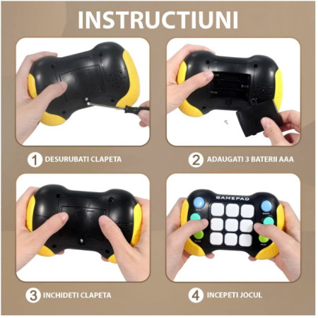 Jucarie Interactiva Cyrax, Tip Consola Pop It, 6 butoane functionale, 5 Moduri de Joc, 600 Niveluri, + 3 ani, Galben/Negru