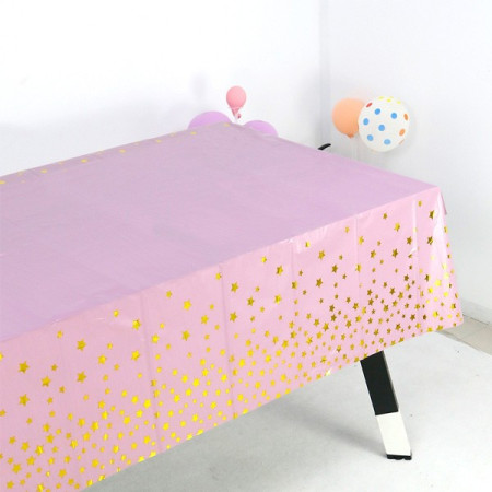 Fata de Masa, Cyrax, din Folie, Imprimeu Stele Aurii, Impermeabila, 137 x 274 cm, Roz