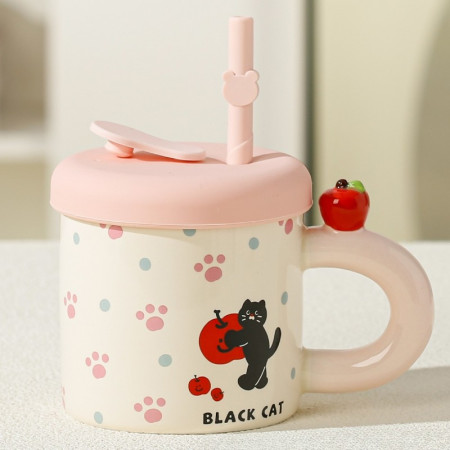 Cana din Ceramica cu Capac si Pai, Cyrax, Capacul si Paiul din Silicon Roz, 9x8.5 cm, Model Cute D, Capacitate 380ml