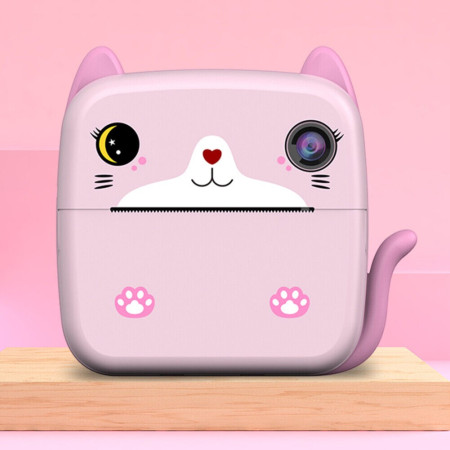 Set Camera Instantanee pentru Copii, Cyrax, Ecran HD 2.4'', 24MP, 720P Video, 1200 mAh, cu Functie de Printare Alb-Negru, cablu USB-C, Bluetooth, Compatibil iOS/Android, Imprimare APP, Model Kitty, Roz