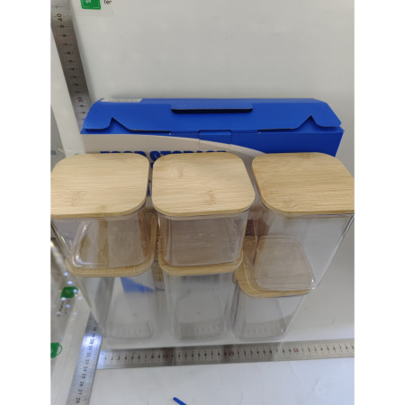 Cutii de Depozitare Alimente, Cyrax, Set din 6 Cutii de tip Container, Cutii pentru Cereale, din Plastic, Capac din Bambuc, 2pc 0.5 l. 2pc 0.8 l, 2pc 1.2 l, Transparente