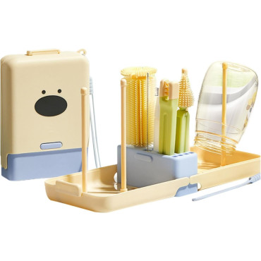 Set 7 Piese de Spalat/Uscat Biberoane, Cyrax, Portabil, Peri de Silicon, pentru Tetine, Suzete, Biberoane, Paie, Cutie Inclusa, 16.8 x 12 x 5 cm, Model Catel, Albastru