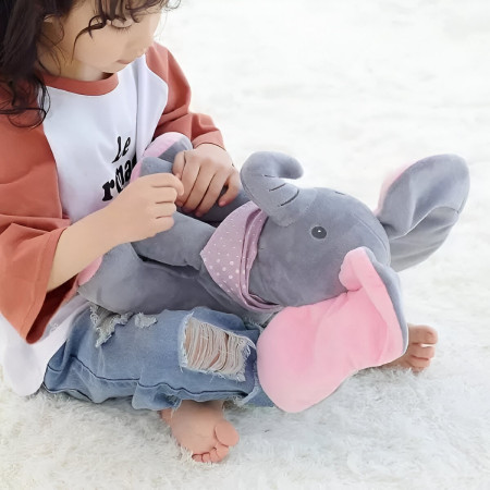 Jucarie Interactiva pentru Copii, Cyrax, Elefantel Peek-a-boo, Muzica, Misca Urechile, Alimentare cu Baterii, 30 cm, Roz-Gri