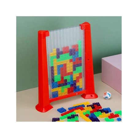 Joc de inteligenta Tetris puzzle tangram Cyrax, 70 de piese multicolore, 3D, montessori, interactiv, din plastic, zar inclus, sac depozitare piese, varsta peste 6 ani, 23 x 19.8 x 5 cm, cadru rosu