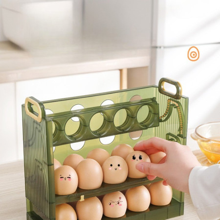 Suport Organizator pentru Oua, Cyrax, pentru Frigider, Verde transparent, Capacitate 30 oua, Trei straturi, cu Data de Expirare, 25.5x10x23 cm