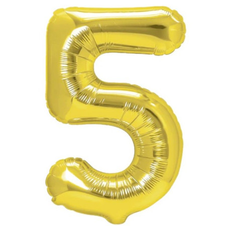 Balon din Folie Metalizata Cyrax, Figurina Cifra, Tema Aniversare 80 cm, Ambalaj Individual, Pai inclus, Umflare cu Aer sau Heliu, Auriu, Cifra 5