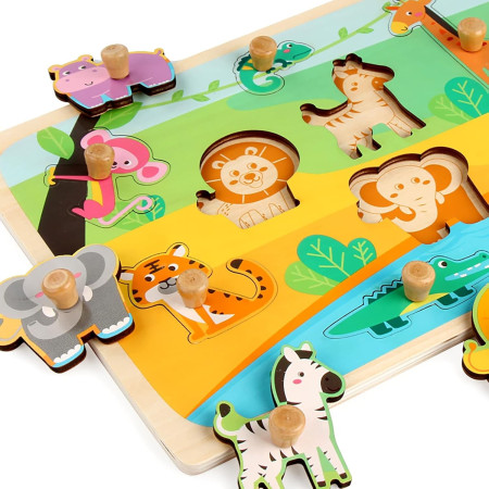 Puzzle Montessori din Lemn pentru Copii, Cyrax, 0-3 Ani, Model Animale din Jungla, Educativ, Intuitiv, Creativ, 9 Piese, 30x22.5x0.8 cm, Multicolor