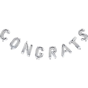 Set Baloane din Folie Metalizată, Cyrax, Model Congrats, Litere de 40 cm, Baloane Absolvire, Ambalaj Individual, Pai inclus, Umflare cu Aer sau Heliu, Argintiu