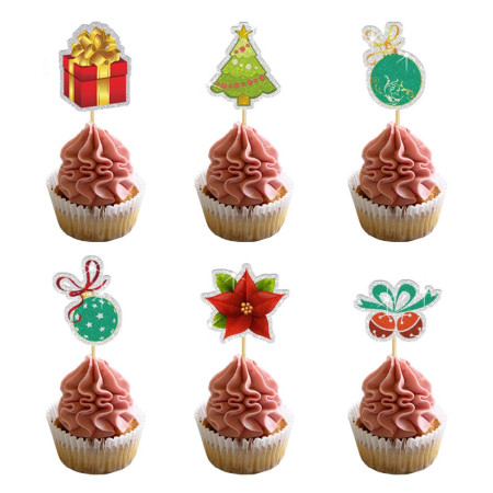 Set Toppere pentru Tort si Prajituri, Cyrax, Tematica Craciun, Model Mare Scris Merry Christmas 15.5x14.3 cm, 6 Toppere Mici Modele Variate 5x5 cm, Multicolor