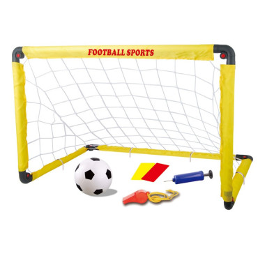 Set Poarta de Fotbal pentru Copii, Cyrax, 80x120 cm, Minge, Cartonase, Pompa, Fluier, Interactiv, Distractiv, Galben