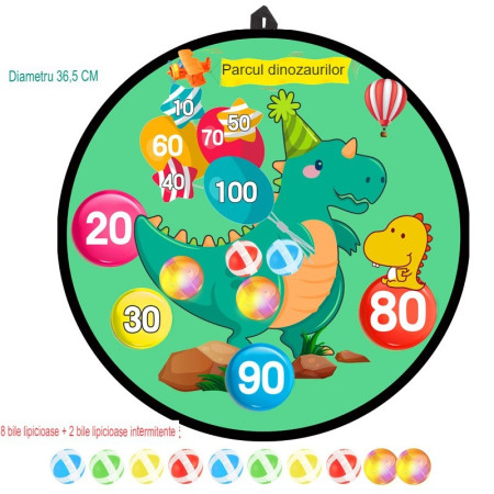 Joc Darts Cyrax pentru Copii, Placa Pliabila 36.5 cm, 8 Mingii Velcro/Scai Simple, 2 Mingii Luminoase, Model Dinozaur Park, Verde