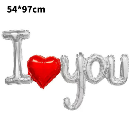 Cyrax Balon din Folie Metalizata, Figurine Litere si Inima, Model I Love You, Tema Ziua Indragostitilor, 54x97 cm, Ambalaj Individual, Pai Inclus, Umflare cu Aer sau Heliu, Argintiu/Rosu