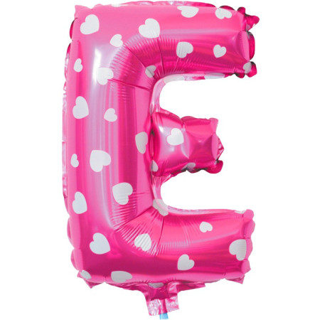 Balon Folie Metalizata Litera E, Cyrax, 40 cm, Cu Imprimeu Inimioare, Umflati cu Heliu sau Aer, Ambalaj Individual, Pai inclus, Roz