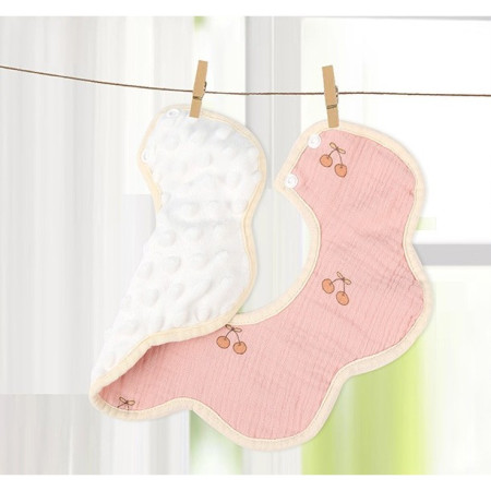 Baveta Tip Floare, Cyrax, din Bumbac, pentru Copii 0-12 Luni, Rezistenta la apa, cu Capse, Model cu Cirese, 26 x 29 cm, Roz