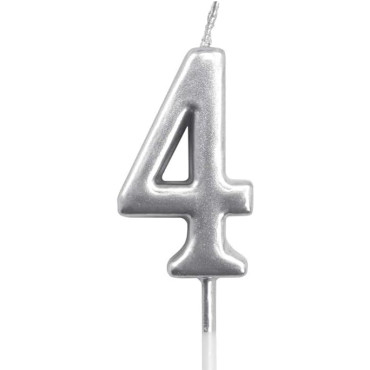 Lumanare de Tort, Cyrax, Model Cifra 4, Party, 4.5 x 2.5 cm, din Parafina, Argintiu