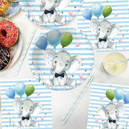 Set 10 Farfurii Unica Folosinta, Cyrax, Imprimeu Elefant, din Carton, 17 cm, Albastru