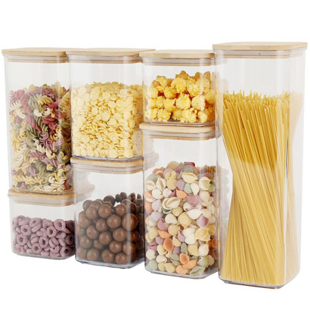 Cutii de Depozitare Alimente, Cyrax, Set din 7 Cutii de tip Container, Cutii pentru Cereale, din Plastic, Capac din Bambuc, 2pc 0.5 l, 2pc 0.8 l, 2pc 1.2 l, 1pc 2.5 l, Transparente