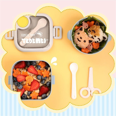 Caserola pentru copii Cyrax, lunch box, 750 ml, doua boluri, lingura, foarfeca din plastic, rezistenta la scurgeri, Albastra