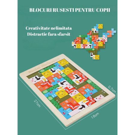 Puzzle din Lemn Cyrax, Tip Tetris, +4 Ani, cu Animale Colorate 3D, 40 Piese, Multicolor