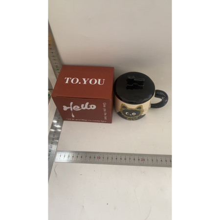 Cana din Ceramica, Cyrax, Model in Cutie pentru Cadou, Cana pentru Ceai, Cafea, Cana Retro Design Capac cu Figurina 3D, 9.5 x 8 x 8 cm, 360 ml, Bej, Print Pisica Galben Negru