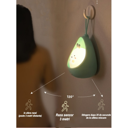 Lampa de veghe portabila cu 2 moduri de functionare  silicon non-toxic, reincarcabila USB, senzor miscare, albastru, iepuras