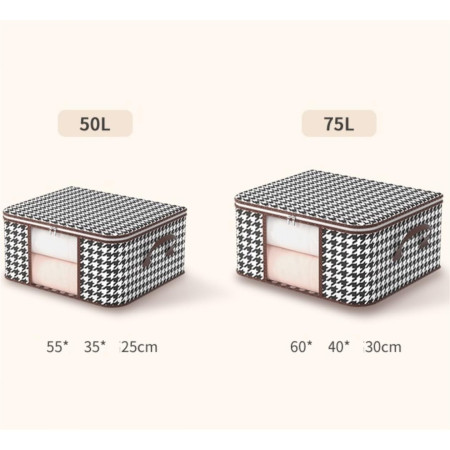 Cutie de Depozitare Pliabila,  60x40x30 cm, 75 L, Fereastra Frontala, cu Fermoar Bidirectional, Suport Baza Stabil, Imprimeu in Carouri, Alb/Negru