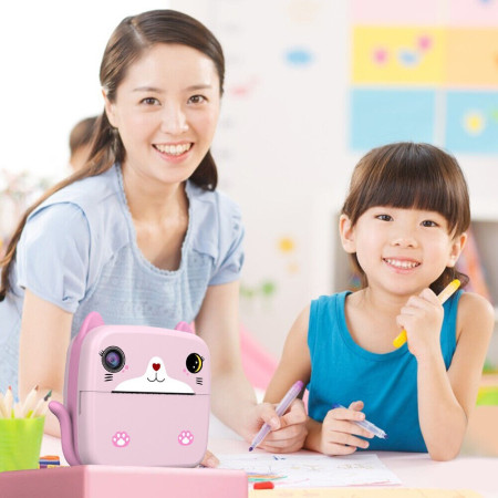 Camera Instantanee pentru Copii, Cyrax, cu Functie de Printare, Camera Frontala + Selfie, Cablu USB-C, Bluetooth, Compatibil iOS/Android, Imprimare APP, Model Pisica, Roz