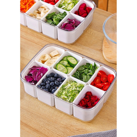 Cutie pentru Depozitare Alimente, Cyrax, 8 Compartimente cu Capac, Material PET+PP, 29 x 20 x 9 cm, Alb/Transparent